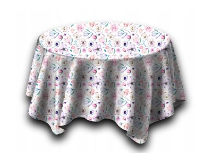 Květinový ubrus s pivoňkami O 140 cm - bílý  kulatý ubrus, květinový vzor