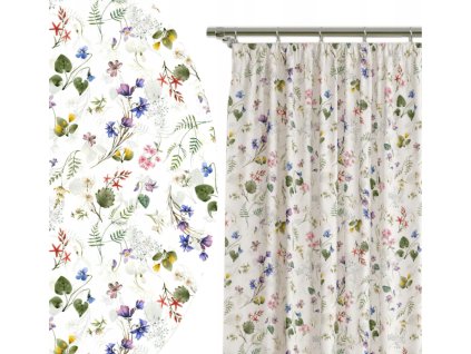 Hotový závěs na řasící pásce Rozkvetlá louka – 2 rozměry, bílý  Hotový závěs na řasící pásce, květinový vzor
