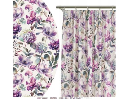 Hotový závěs na řasící pásce hortenzie fialové 140x250cm  Hotový závěs na řasící pásce, květinový vzor